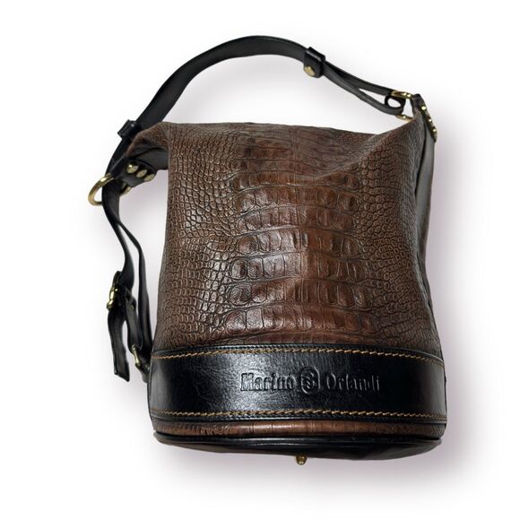 Marino Orlandi Leather Bucket Bag Croc Embossed‎ Leather Dual Sling Tote Vintage - Picture 1 of 10
